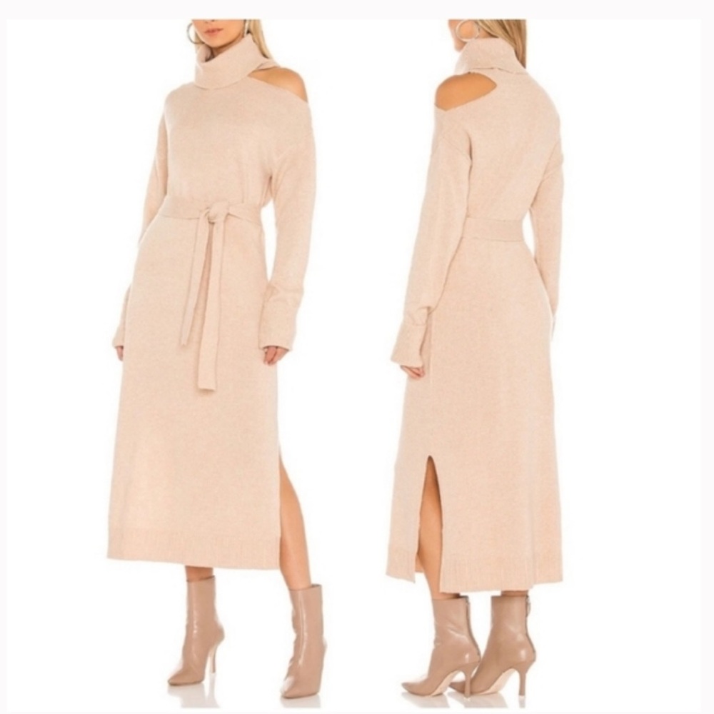 PAIGE Blush Cream Cold-Shoulder Turtleneck Midi Dress